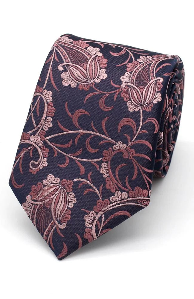 L A Smith Leafy Paisley Tie Dusky Rose on Navy