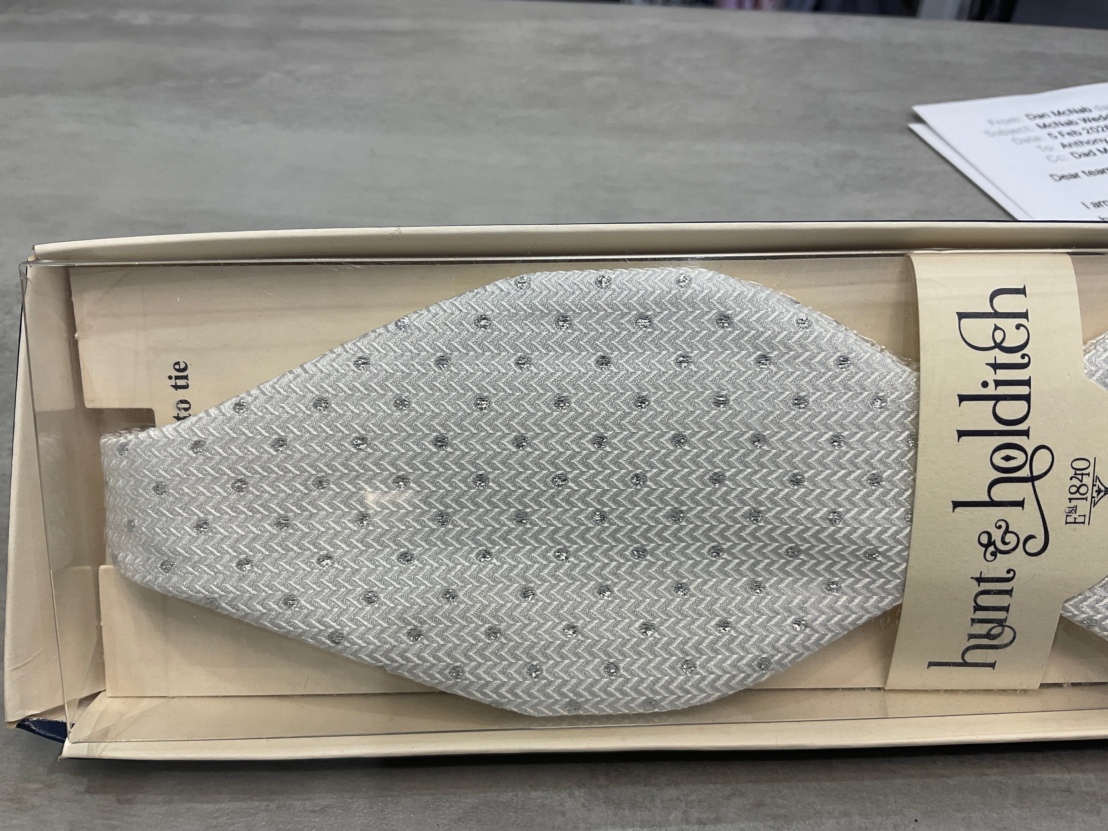 Bow Tie - White and silver polka dot self tie