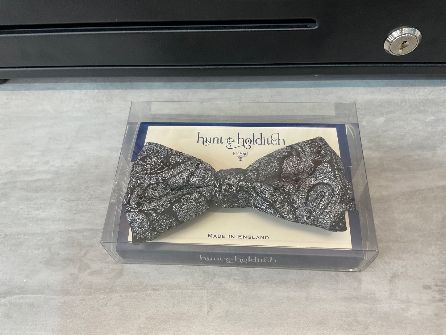 Black and silver Paisley bow tie
