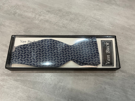 Navy silver oval shape self tie bow silk