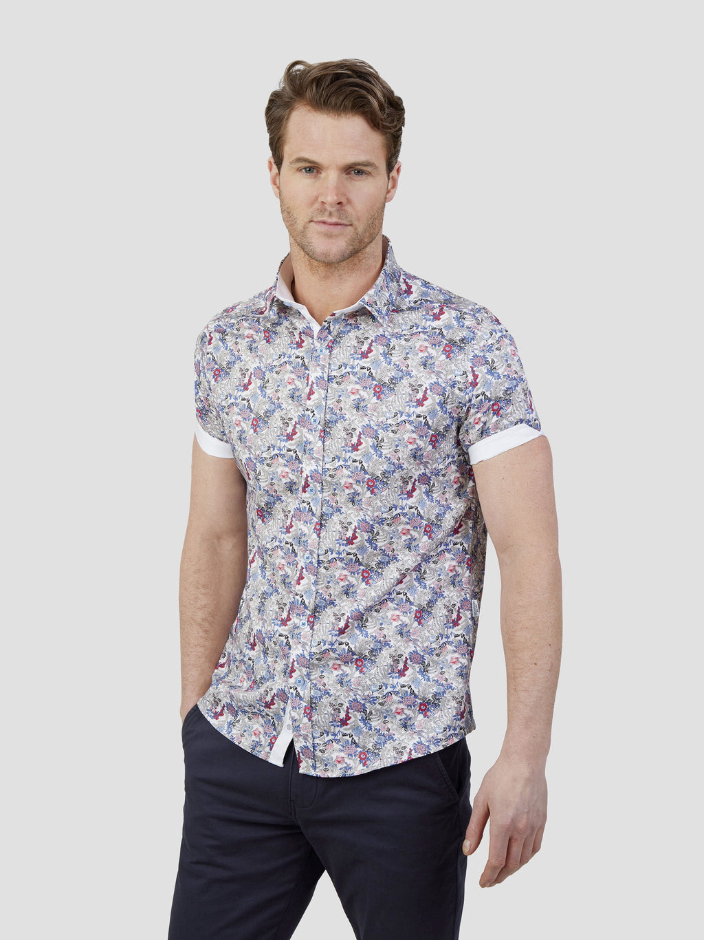 Regular fit mens floral print smart off white short sleeve shirt mish mash jeans