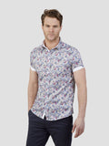 Regular fit mens floral print smart off white short sleeve shirt mish mash jeans