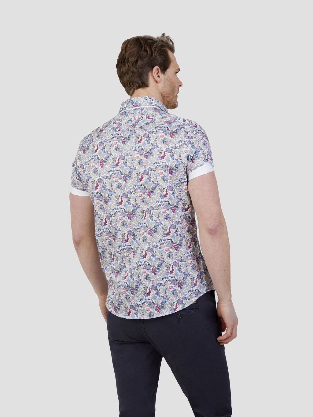 Regular fit mens floral print smart off white short sleeve shirt mish mash jeans