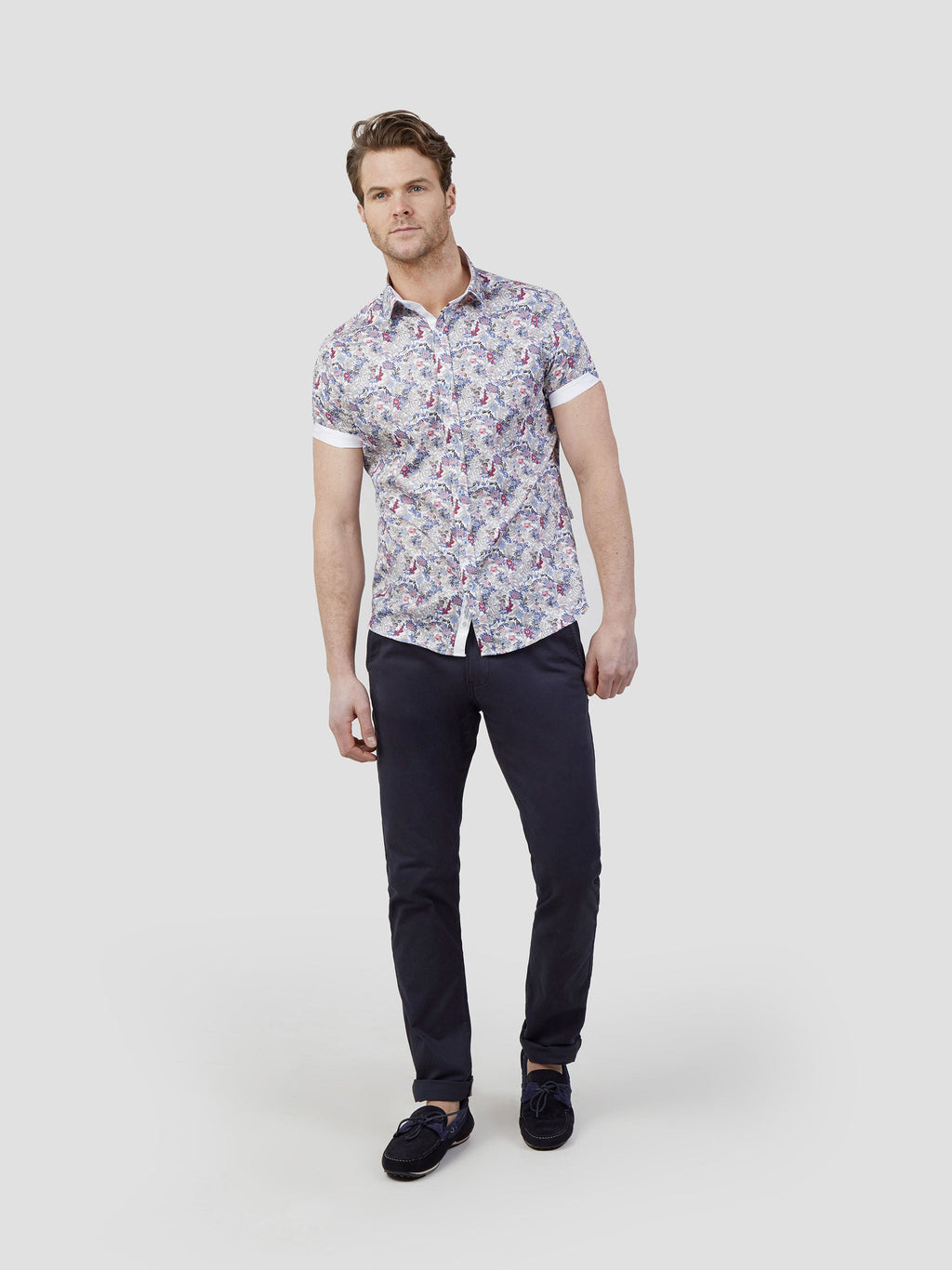 Regular fit mens floral print smart off white short sleeve shirt mish mash jeans