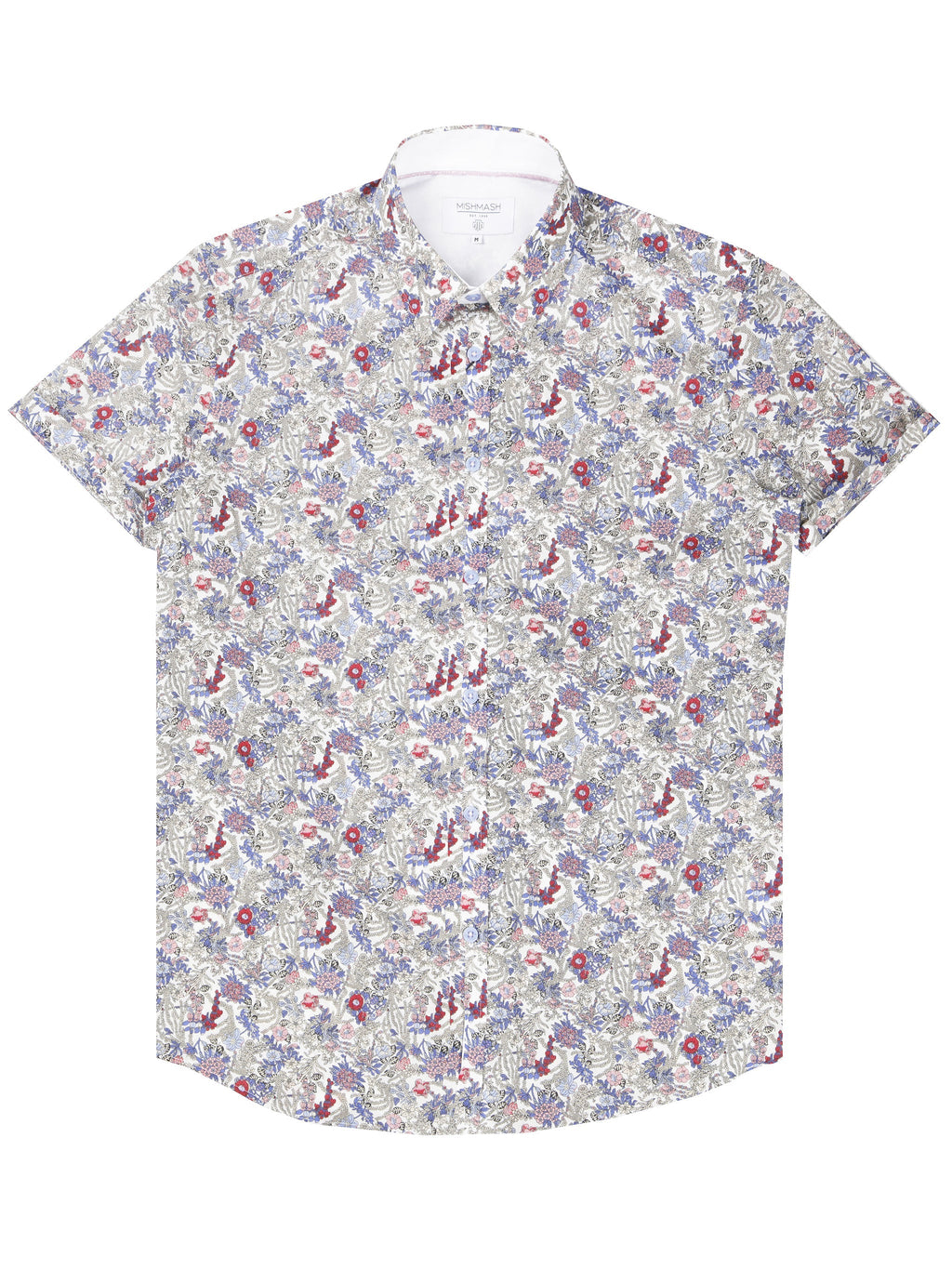 Regular fit mens floral print smart off white short sleeve shirt mish mash jeans