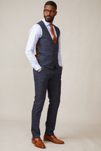 Man wearing men's JENSON - Marine Navy Check Double Breasted Waistcoat - Marc Darcy Menswear