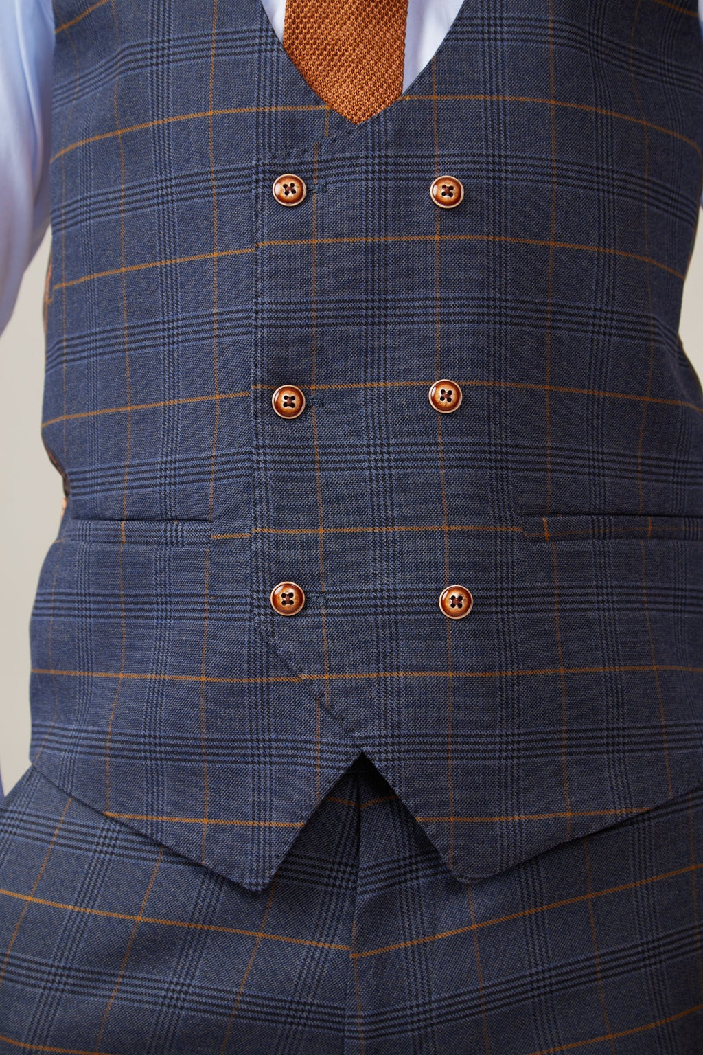 Man wearing men's JENSON - Marine Navy Check Double Breasted Waistcoat - Marc Darcy Menswear