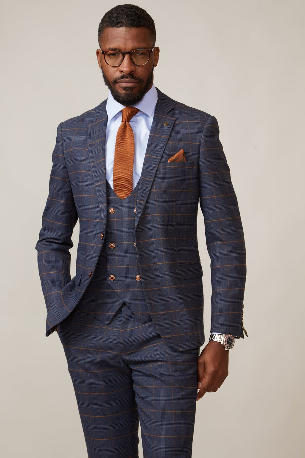 Man wearing men's JENSON - Marine Navy Check Blazer - Marc Darcy Menswear