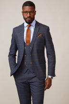 Man wearing men's JENSON - Marine Navy Check Blazer - Marc Darcy Menswear