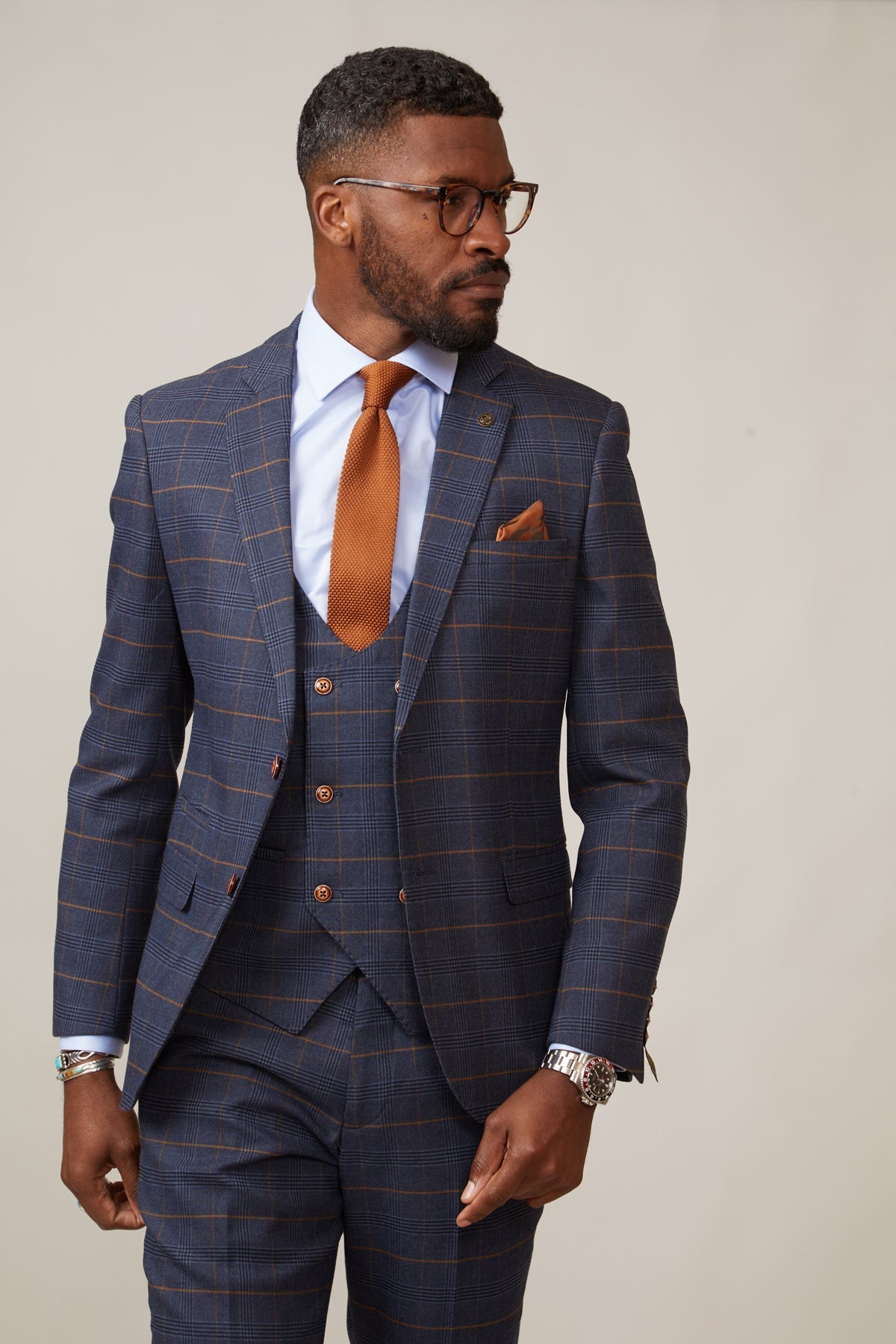 Man wearing men's JENSON - Marine Navy Check Blazer - Marc Darcy Menswear