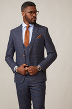 Man wearing men's JENSON - Marine Navy Check Blazer - Marc Darcy Menswear