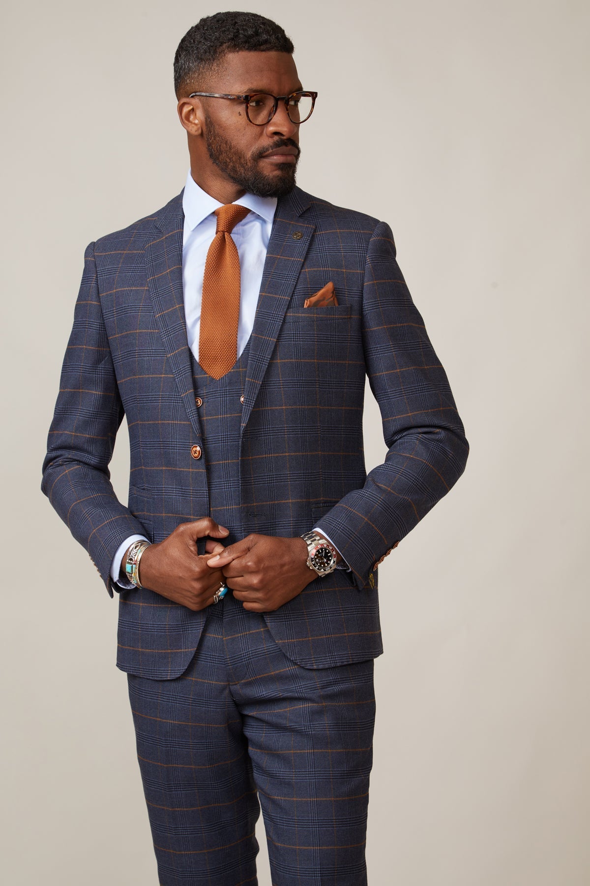 Man wearing men's JENSON - Marine Navy Check Blazer - Marc Darcy Menswear