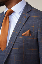Man wearing men's JENSON - Marine Navy Check Blazer - Marc Darcy Menswear