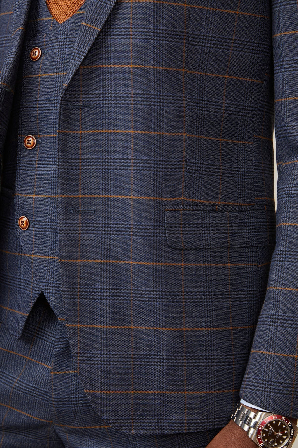 Man wearing men's JENSON - Marine Navy Check Blazer - Marc Darcy Menswear