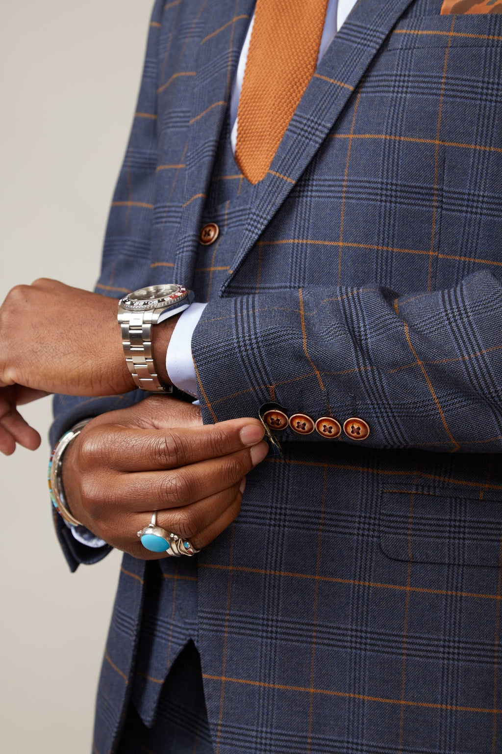 Man wearing men's JENSON - Marine Navy Check Blazer - Marc Darcy Menswear