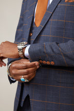 Man wearing men's JENSON - Marine Navy Check Blazer - Marc Darcy Menswear