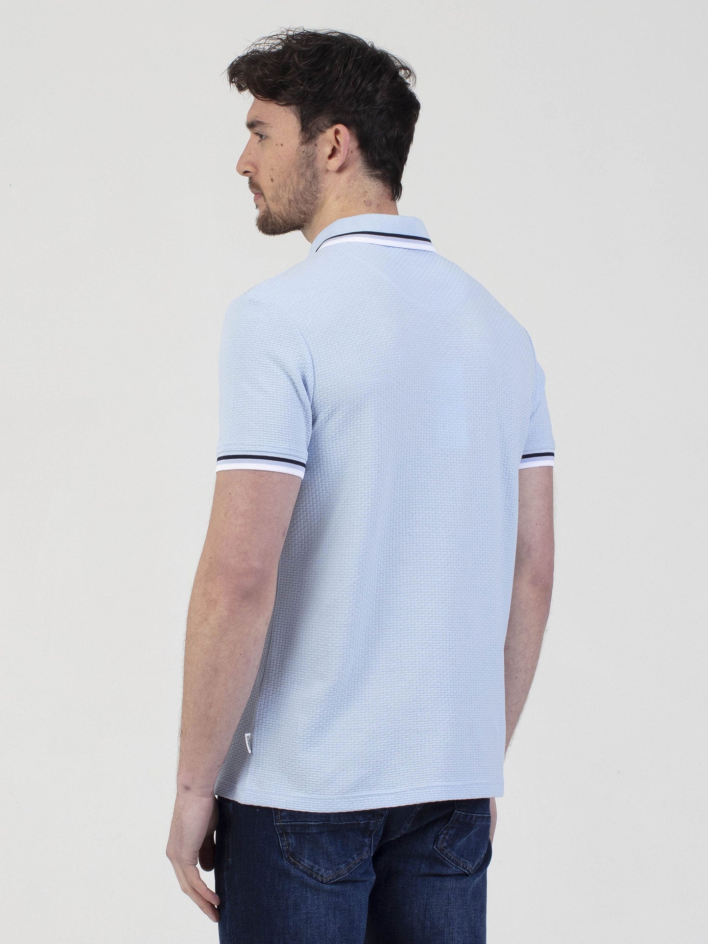 Regular fit mens cotton textured jersey with sport collar tipping sky light blue short sleeve polo mish mash jeans