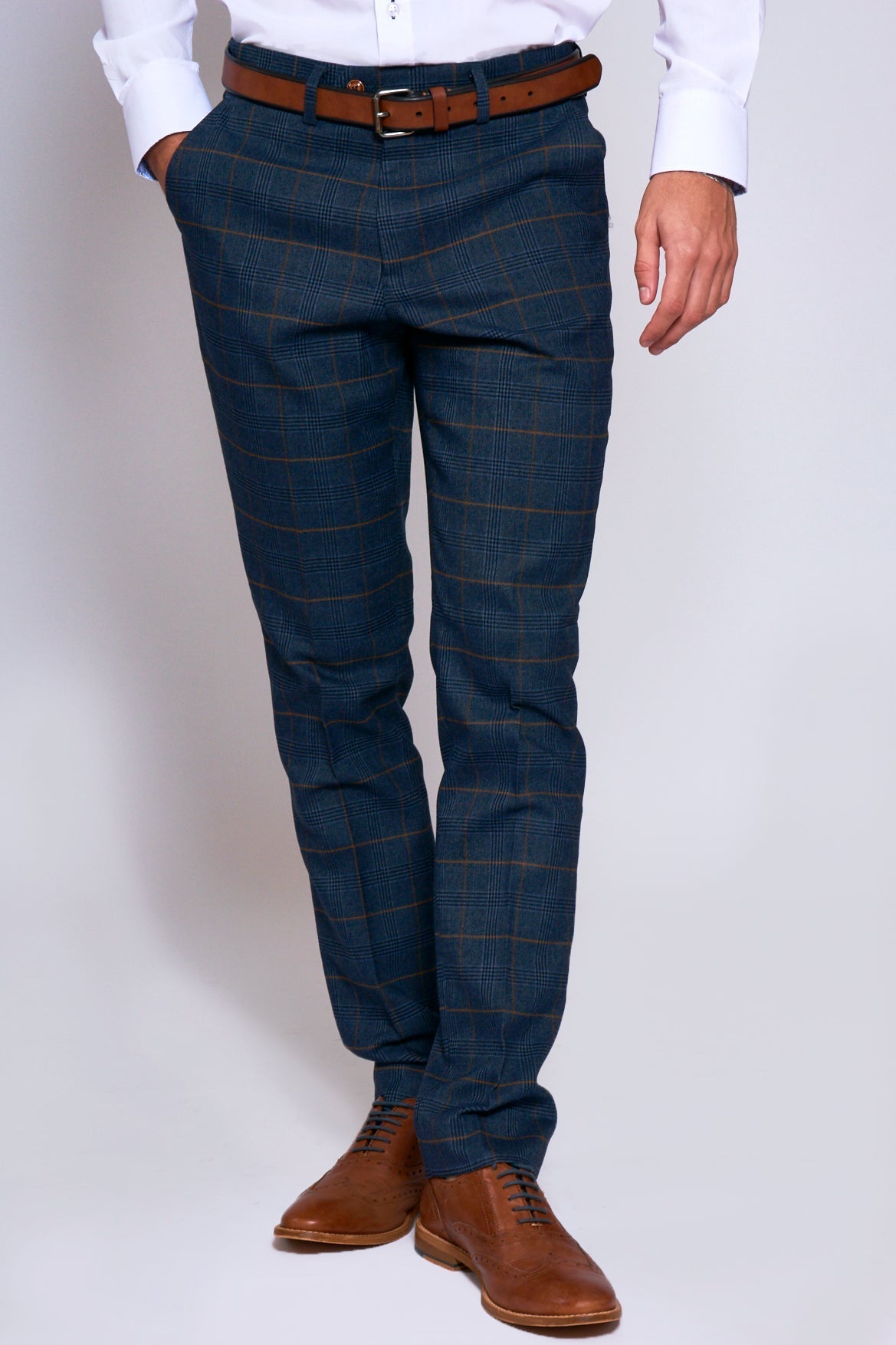 Man wearing men's JENSON - Marine Navy Check Trousers - Marc Darcy Menswear