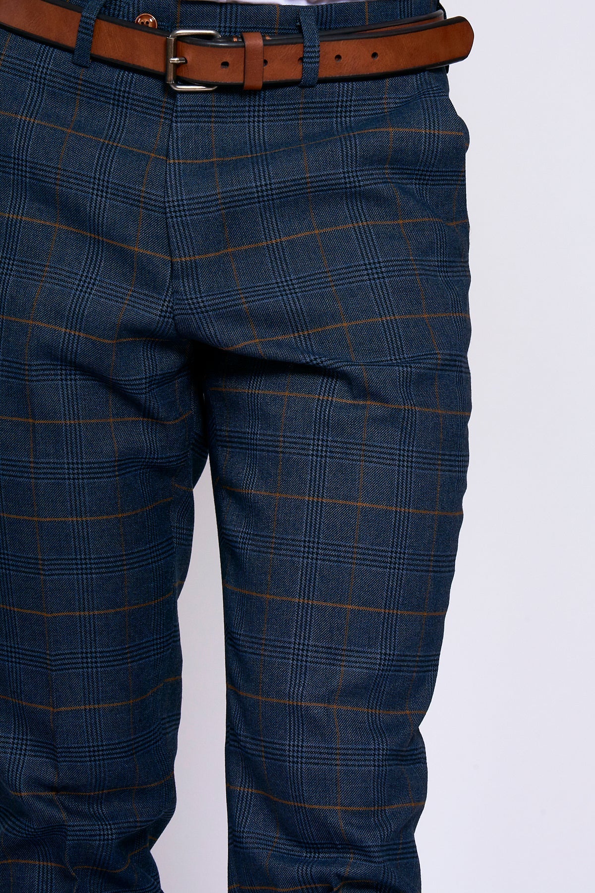 Man wearing men's JENSON - Marine Navy Check Trousers - Marc Darcy Menswear