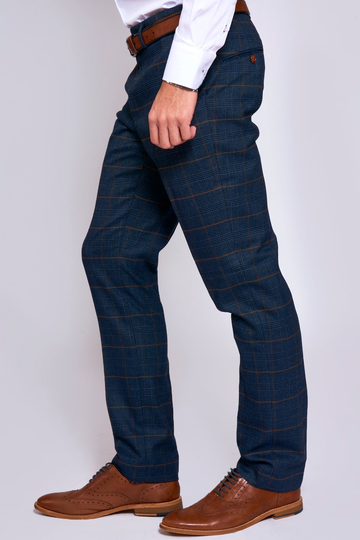 Man wearing men's JENSON - Marine Navy Check Trousers - Marc Darcy Menswear