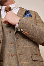 Man wearing men's TED - Tan Tweed Check Blazer - Marc Darcy Menswear