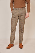 Man wearing men's TED - Tan Tweed Check Trousers - Marc Darcy Menswear