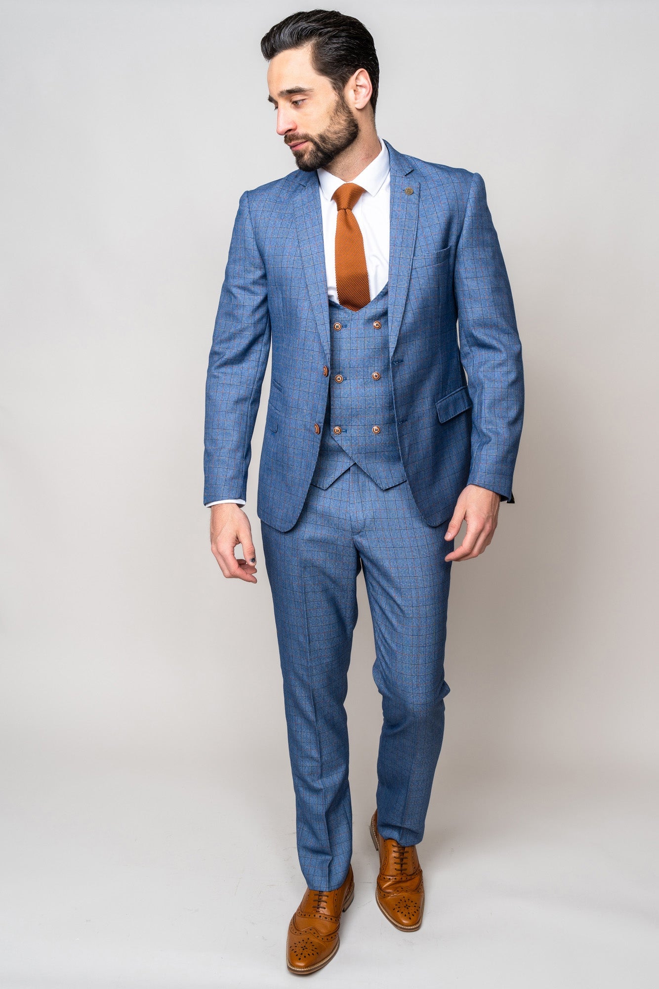 Man wearing George light blue three piece suit - Marc Darcy