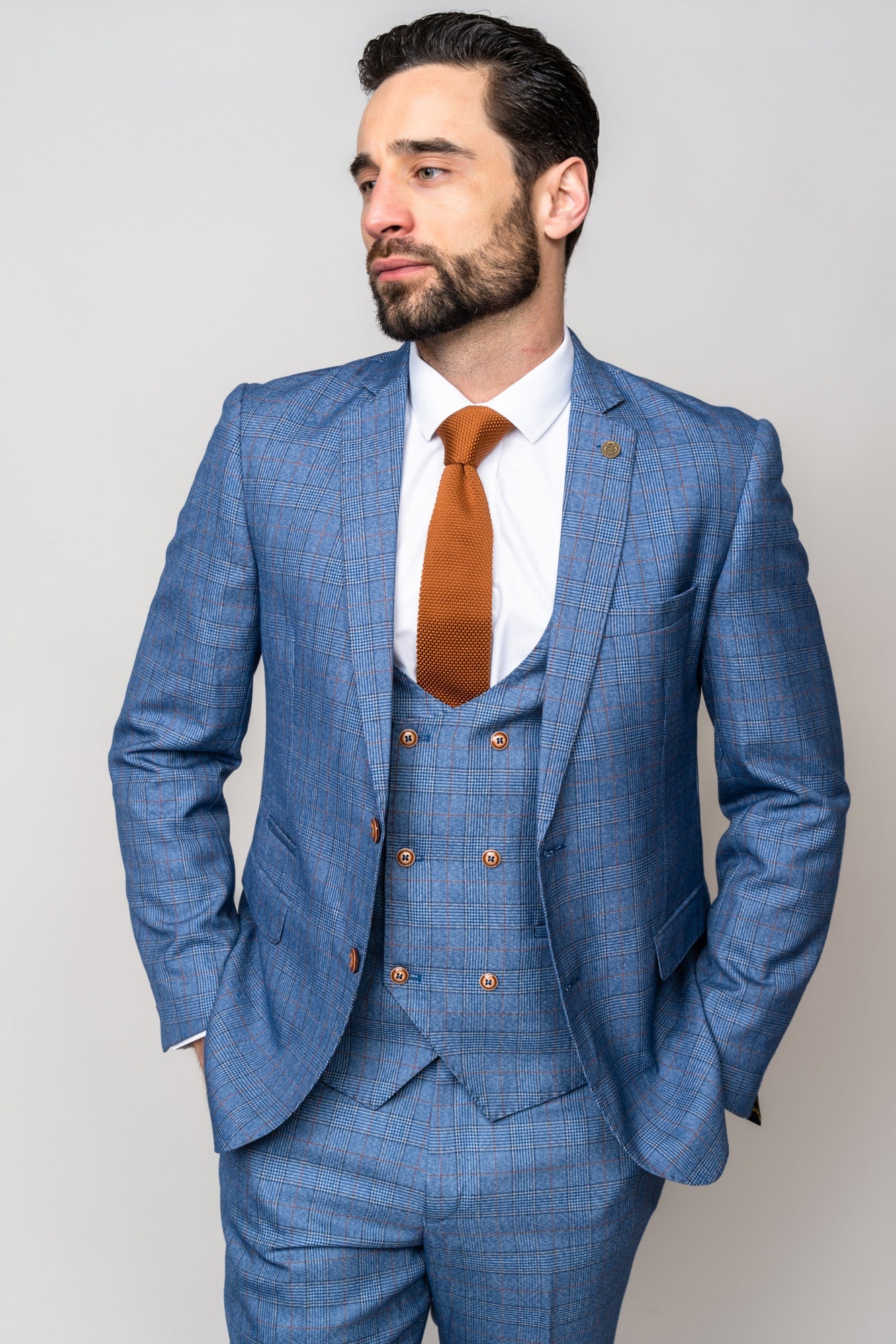 Man wearing George light blue three piece suit - Marc Darcy