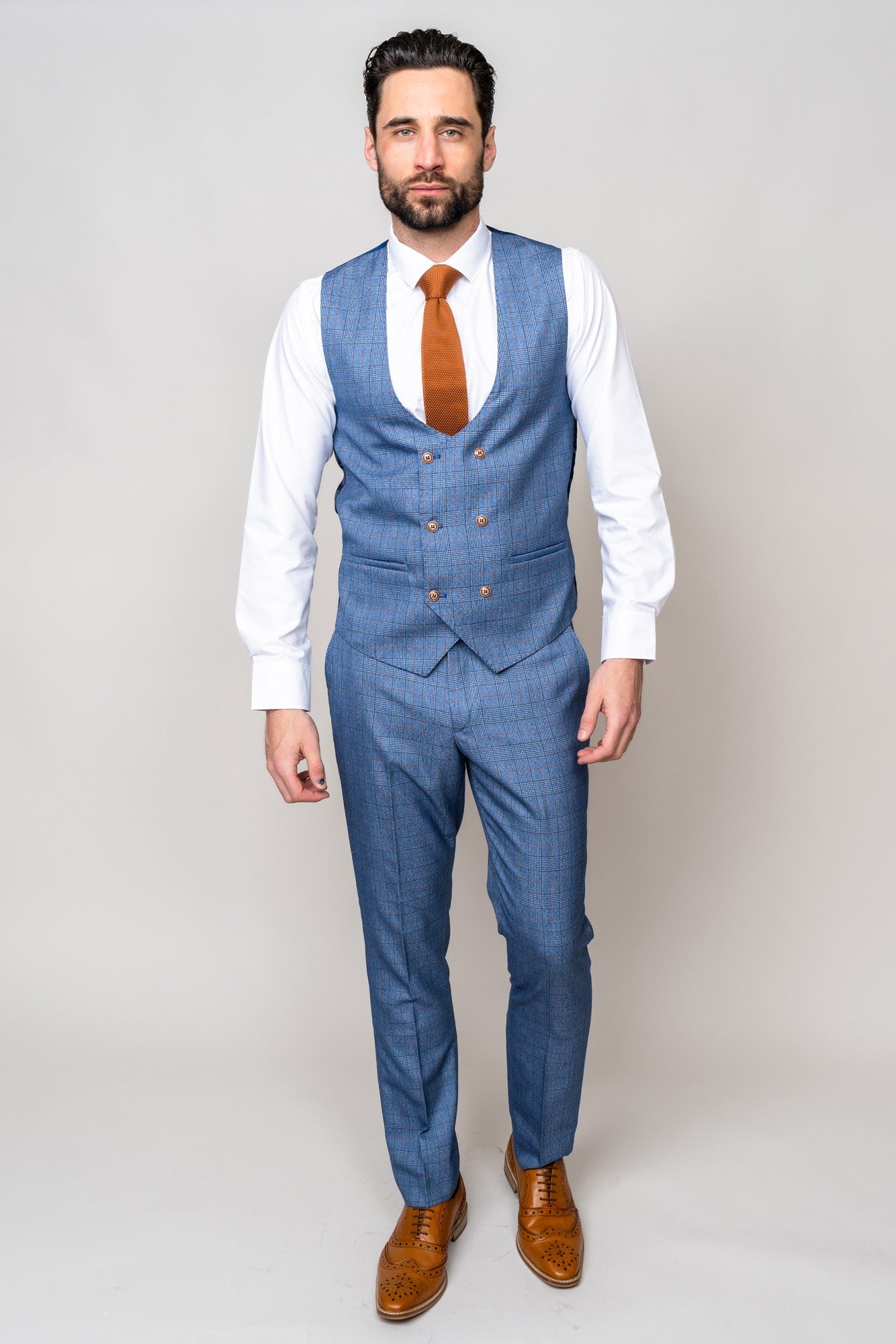 Man wearing George light blue three piece suit - Marc Darcy