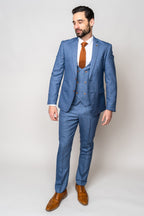 Man wearing George light blue three piece suit - Marc Darcy