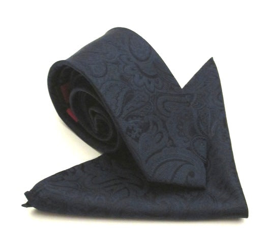 Paisley Navy Blue Silk Tie & Pocket Square Set by Van Buck