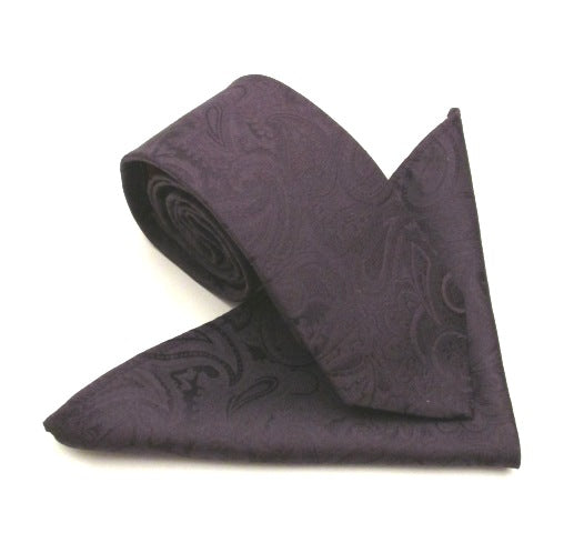 Aubergine Paisley Silk Tie & Pocket Square Set by Van Buck