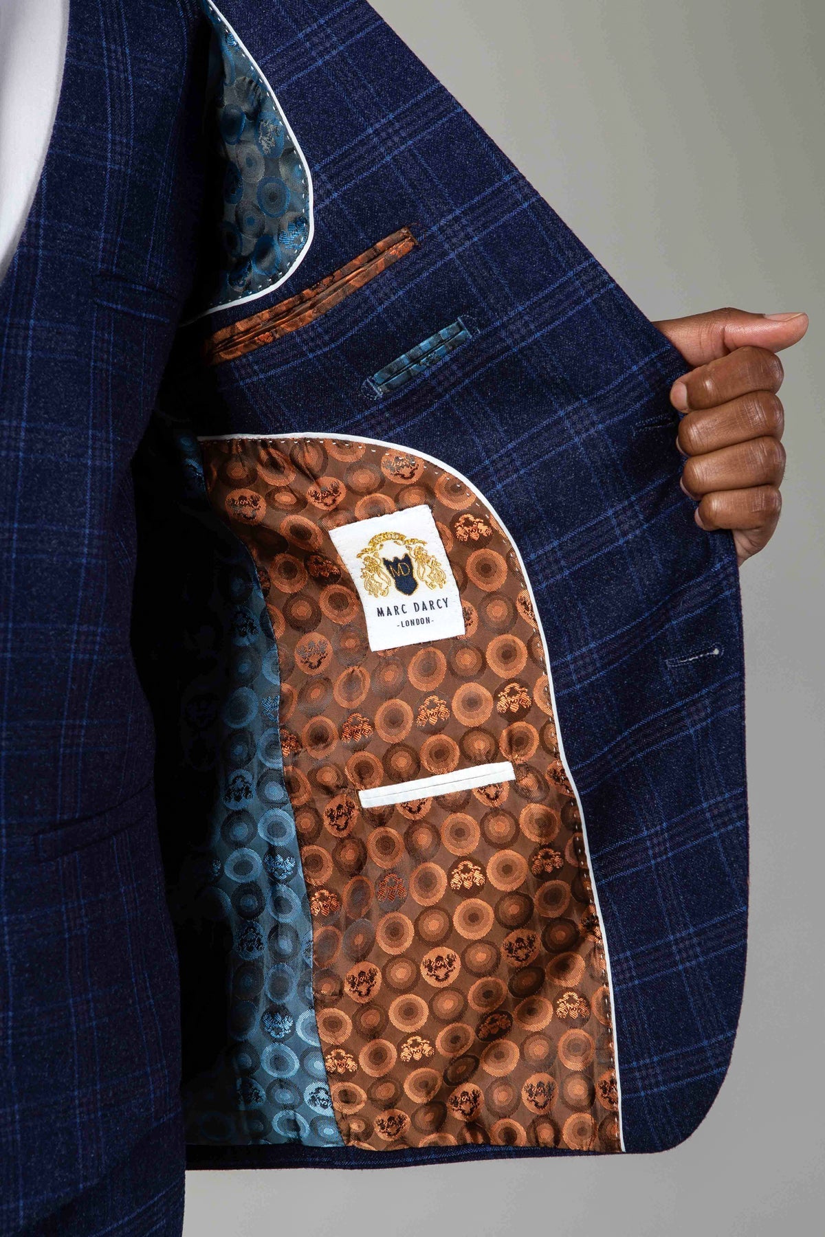 Man wearing men's CHIGWELL - Blue Tweed Check Blazer - Marc Darcy Menswear