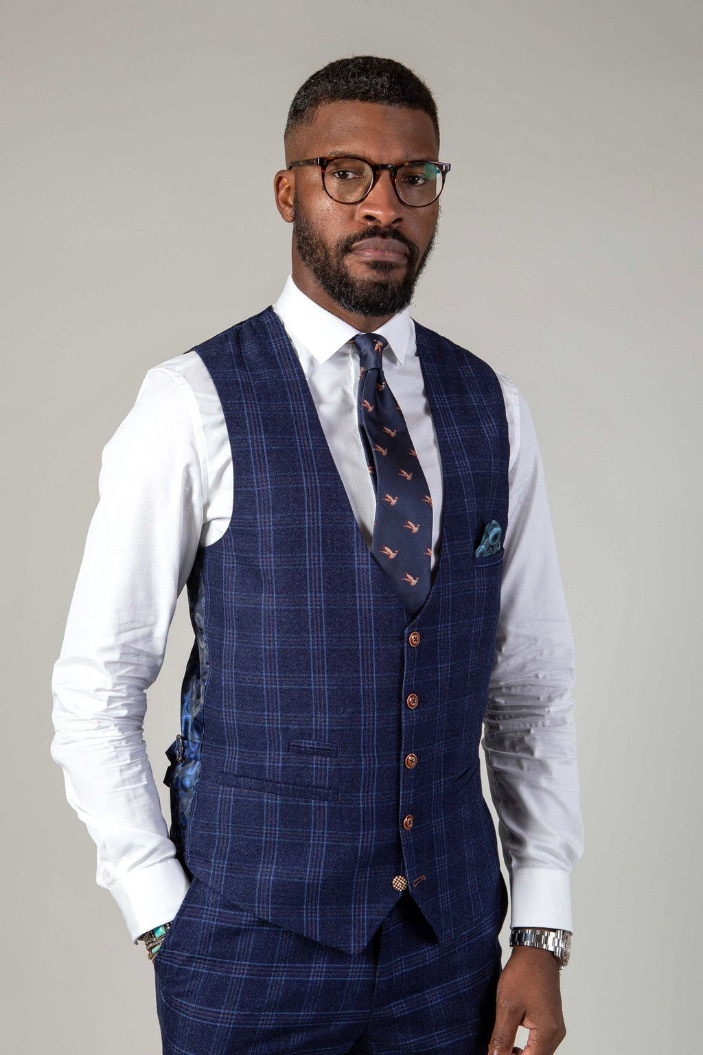 Man wearing men's CHIGWELL - Blue Tweed Check Waistcoat - Marc Darcy Menswear