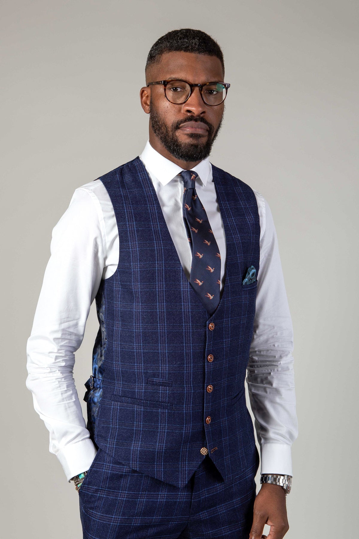 Man wearing men's CHIGWELL - Blue Tweed Check Waistcoat - Marc Darcy Menswear