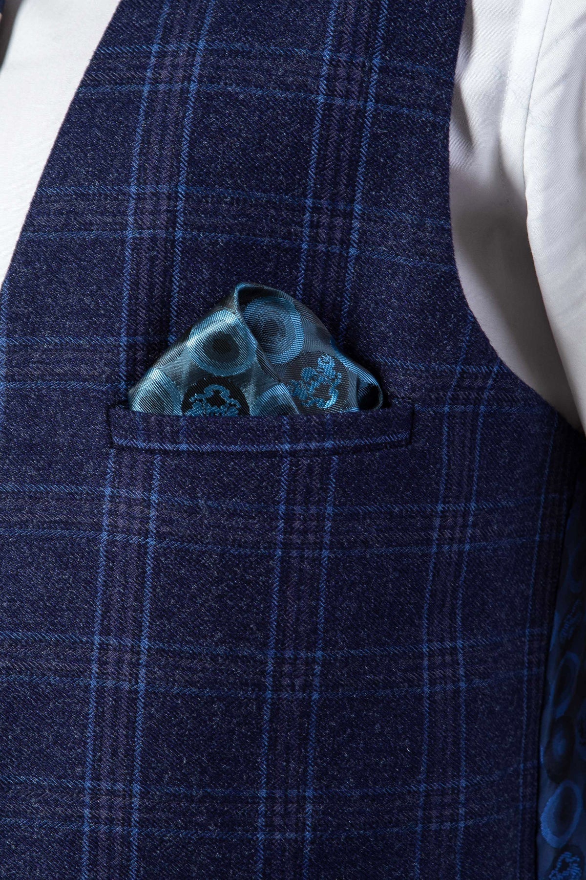 Man wearing men's CHIGWELL - Blue Tweed Check Waistcoat - Marc Darcy Menswear