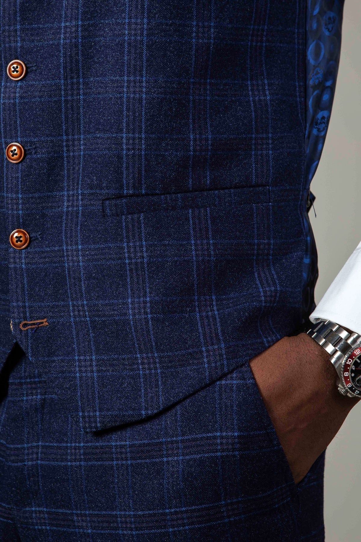 Man wearing men's CHIGWELL - Blue Tweed Check Waistcoat - Marc Darcy Menswear