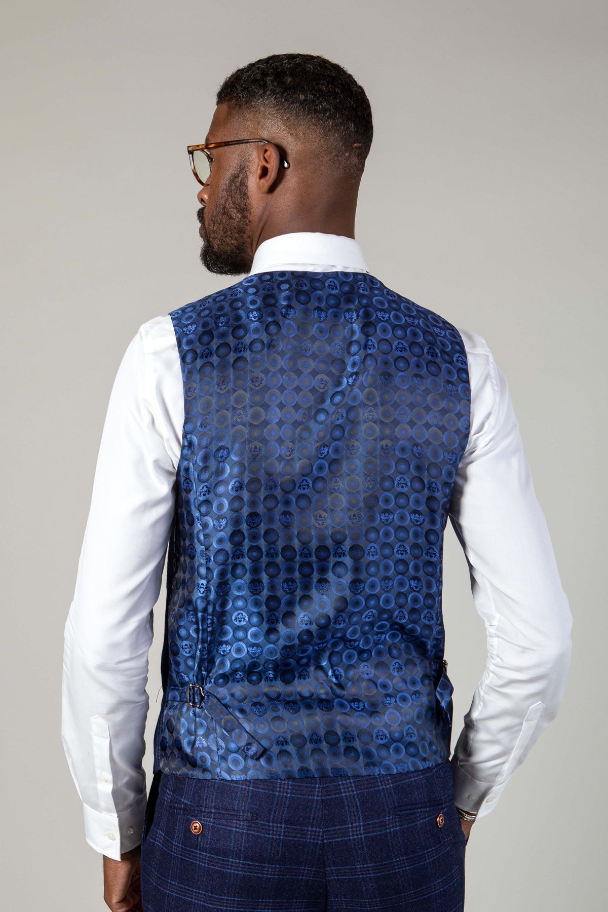 Man wearing men's CHIGWELL - Blue Tweed Check Waistcoat - Marc Darcy Menswear