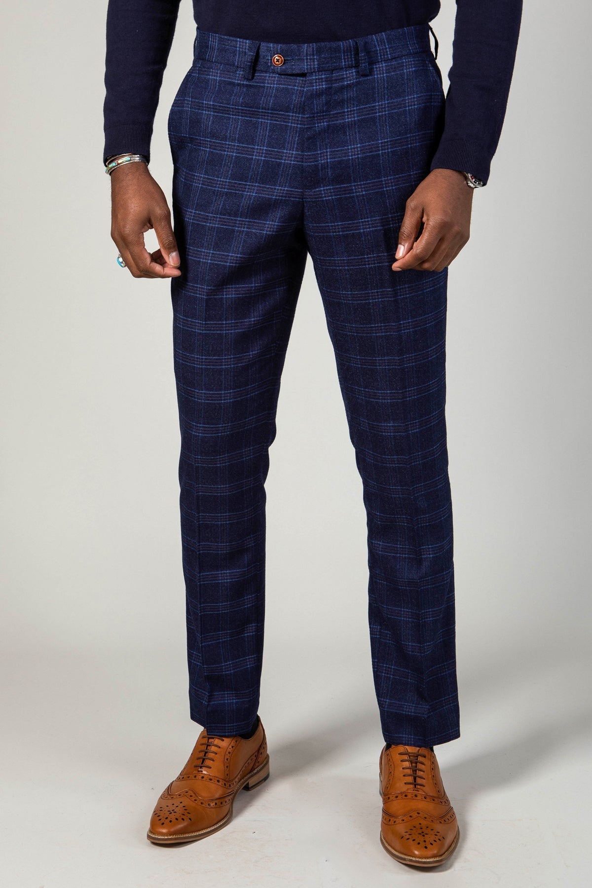 Man wearing men's CHIGWELL - Blue Tweed Check Trousers - Marc Darcy Menswear