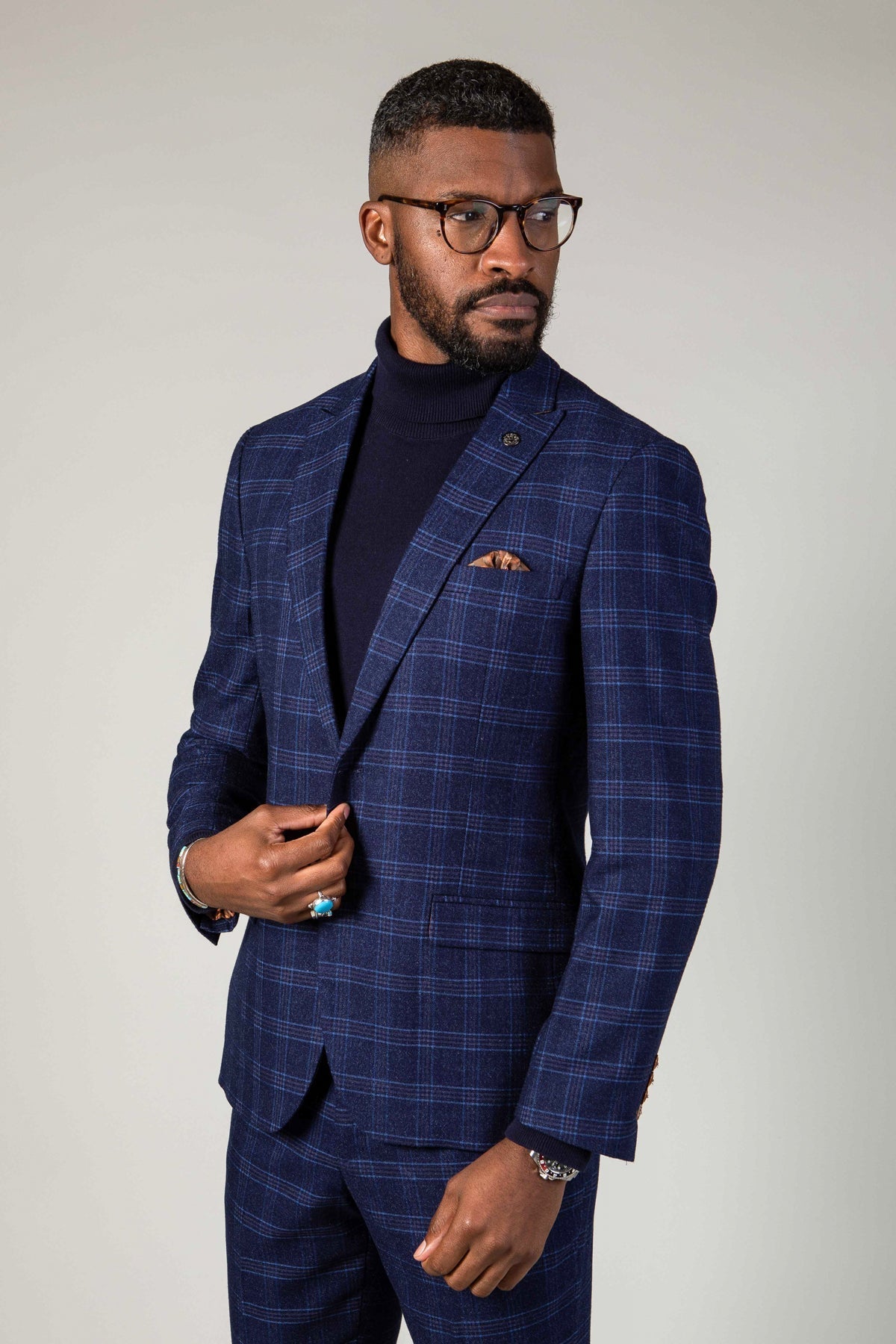 Man wearing men's CHIGWELL - Blue Tweed Check Blazer - Marc Darcy Menswear