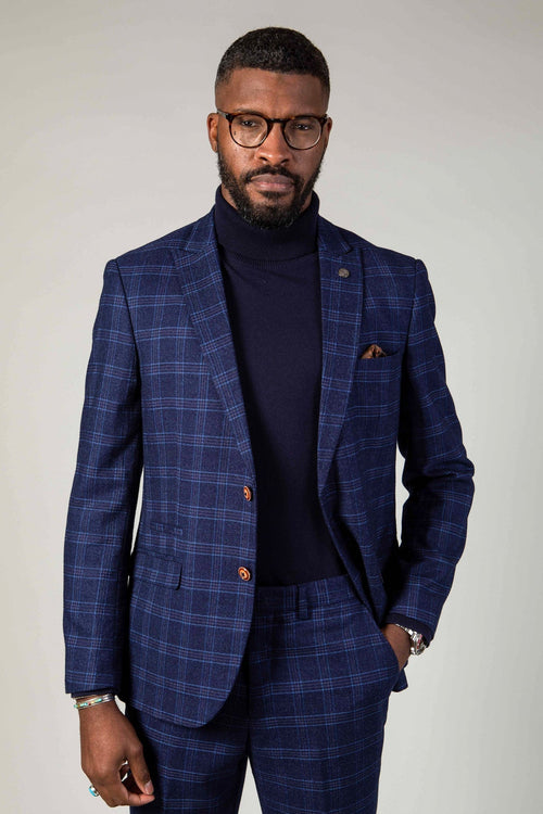 Man wearing men's CHIGWELL - Blue Tweed Check Blazer - Marc Darcy Menswear