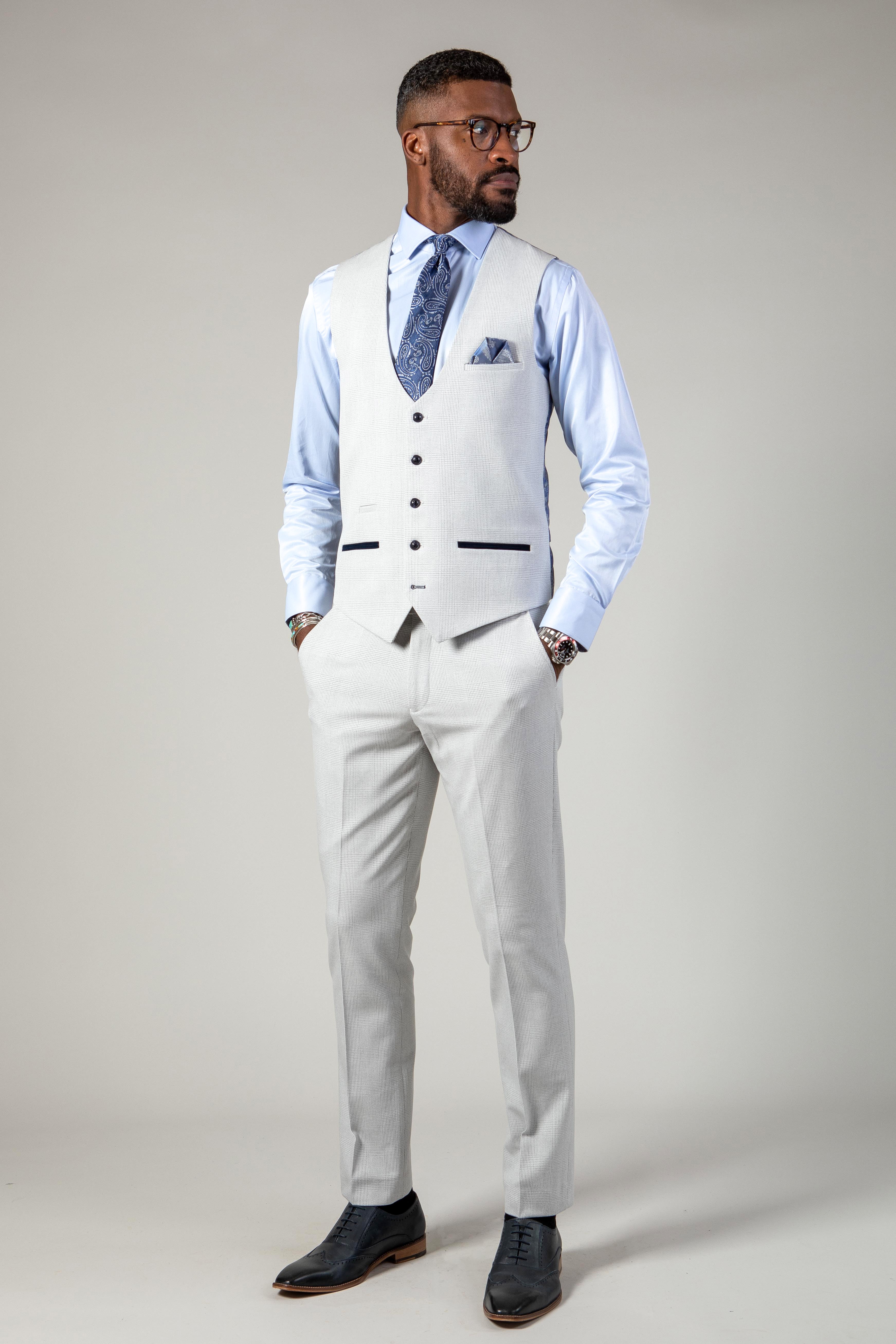 Man wearing men's BROMLEY - Stone Single Breasted Check Waistcoat - Marc Darcy Menswear
