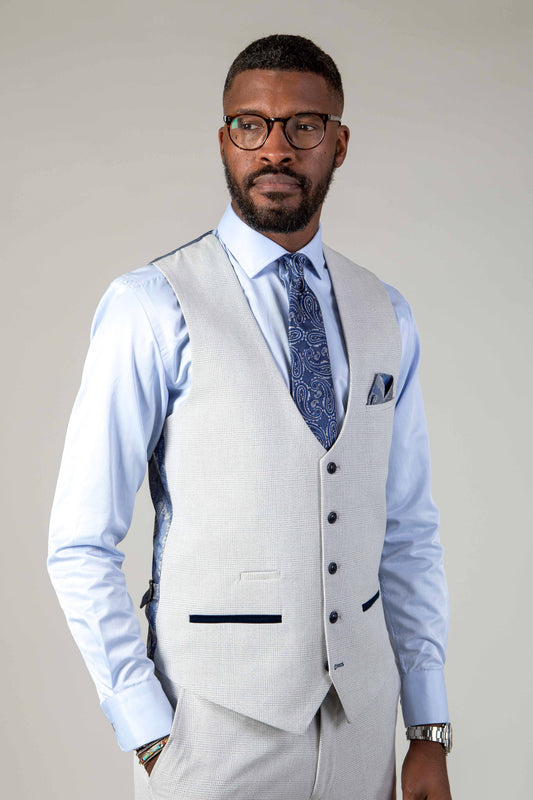 Man wearing men's BROMLEY - Stone Single Breasted Check Waistcoat - Marc Darcy Menswear