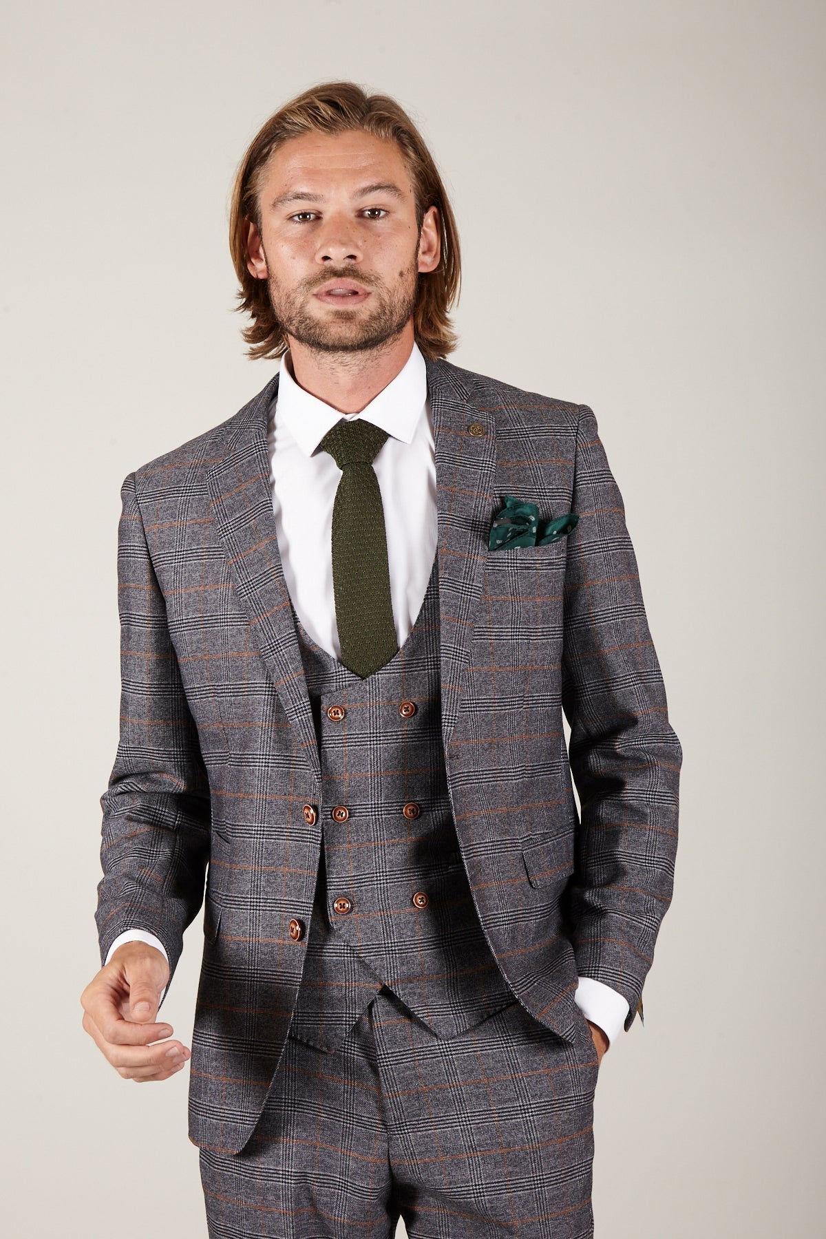 Man wearing men's JENSON - Grey Check Blazer - Marc Darcy Menswear