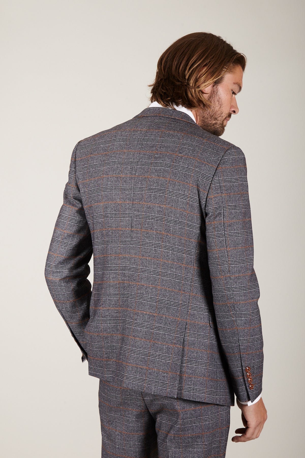 Man wearing men's JENSON - Grey Check Blazer - Marc Darcy Menswear