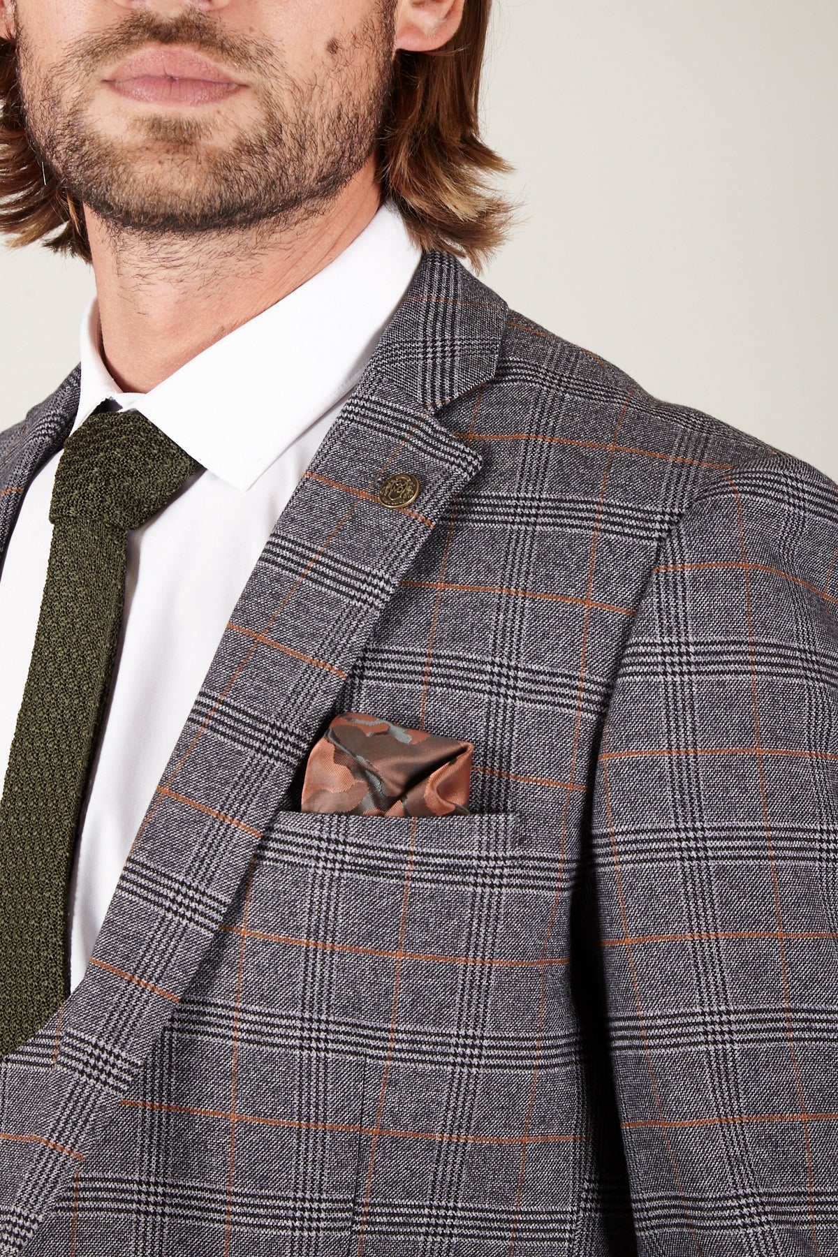 Man wearing men's JENSON - Grey Check Blazer - Marc Darcy Menswear