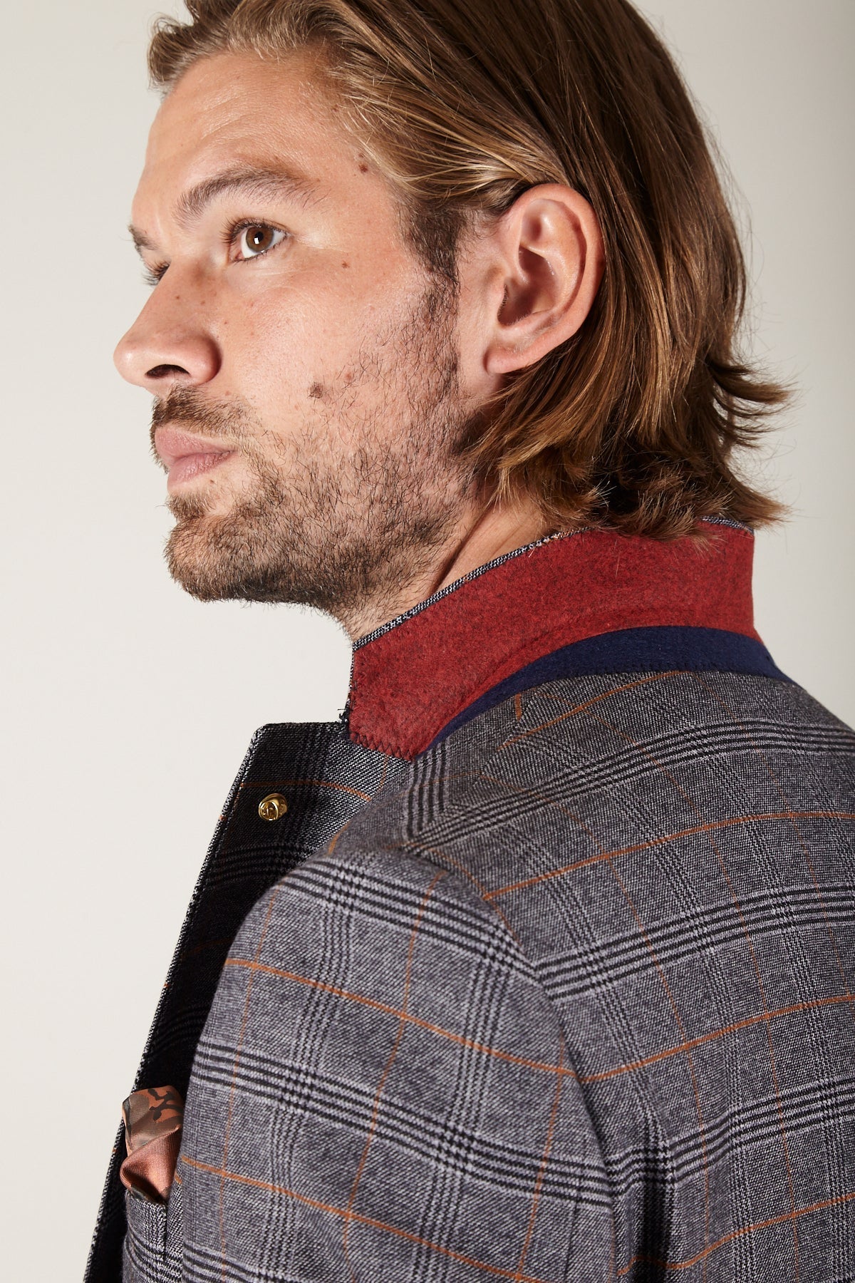 Man wearing men's JENSON - Grey Check Blazer - Marc Darcy Menswear