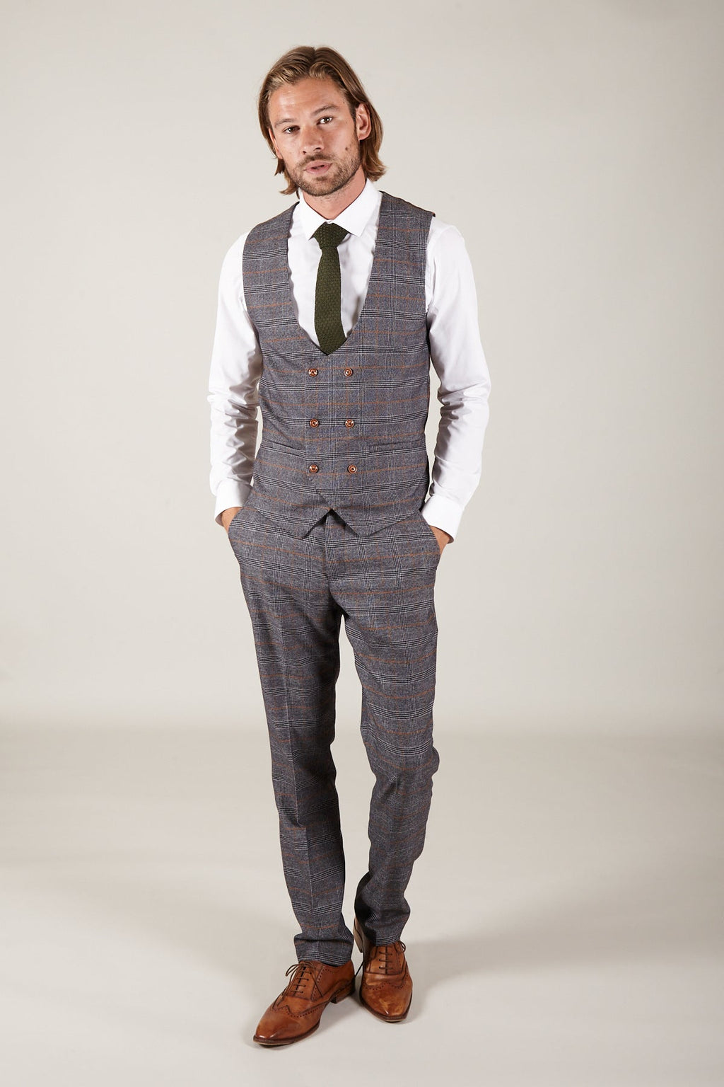 Man wearing men's JENSON - Grey Check Double Breasted Waistcoat - Marc Darcy Menswear