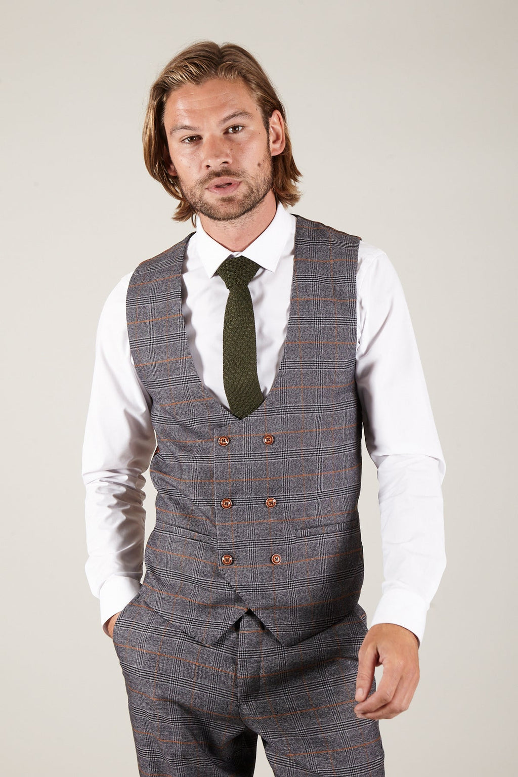 Man wearing men's JENSON - Grey Check Double Breasted Waistcoat - Marc Darcy Menswear