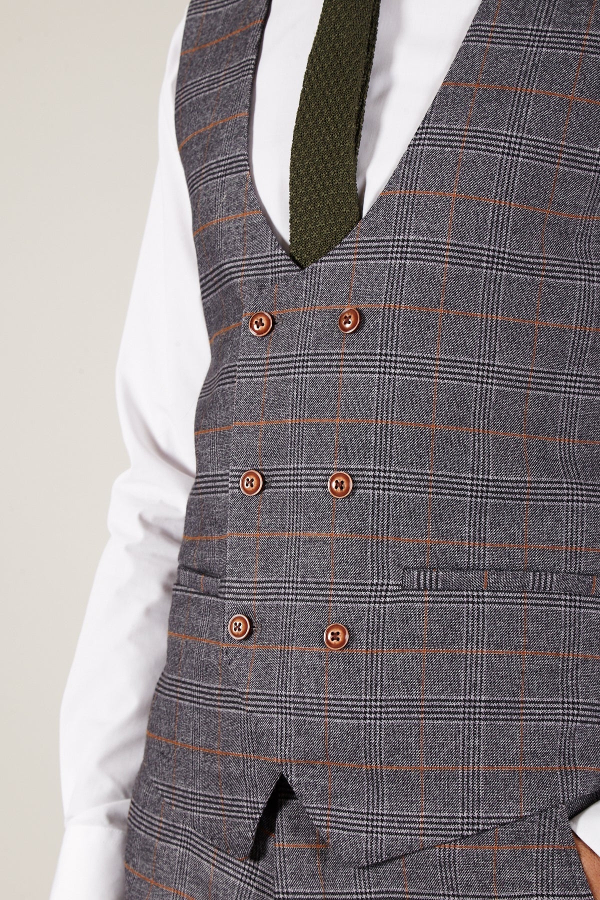 Man wearing men's JENSON - Grey Check Double Breasted Waistcoat - Marc Darcy Menswear